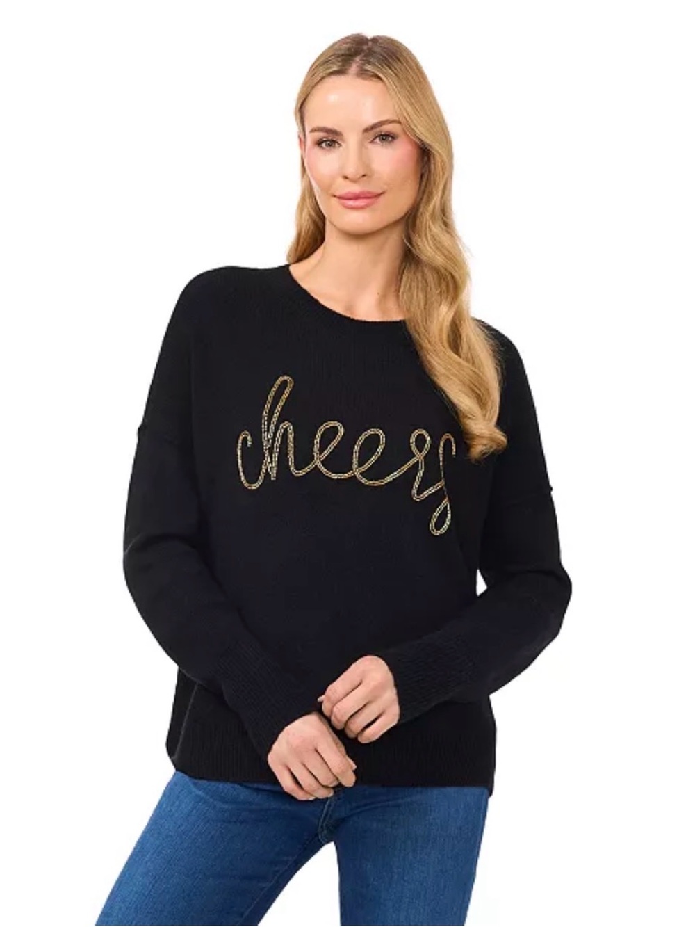 CeCe Women's "Cheers" Script Crewneck Long-Sleeve Sweater, Black/Gold, Medium